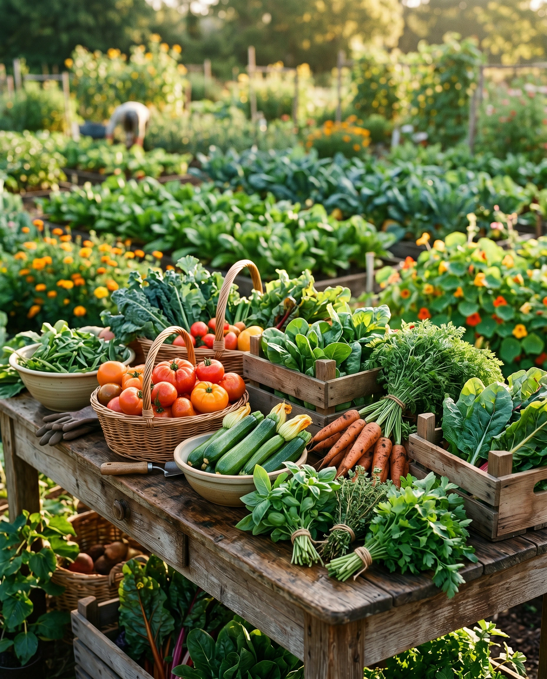 Volle oogsttafel met verse groente uit de tuinderij