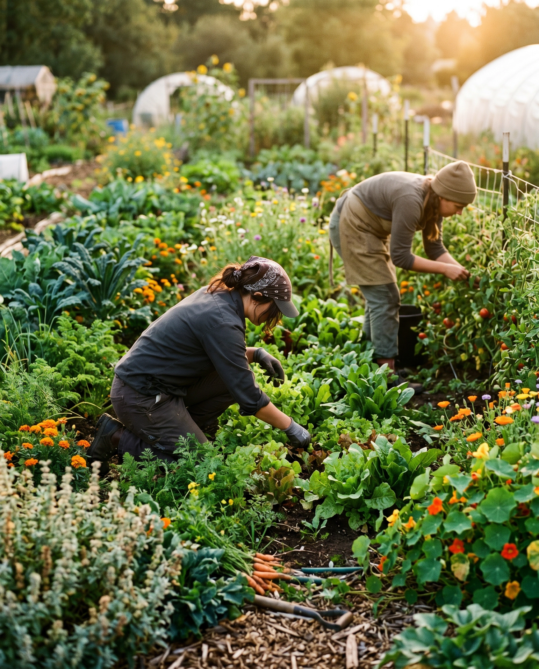 Tuinders aan het werk tussen de gewassen